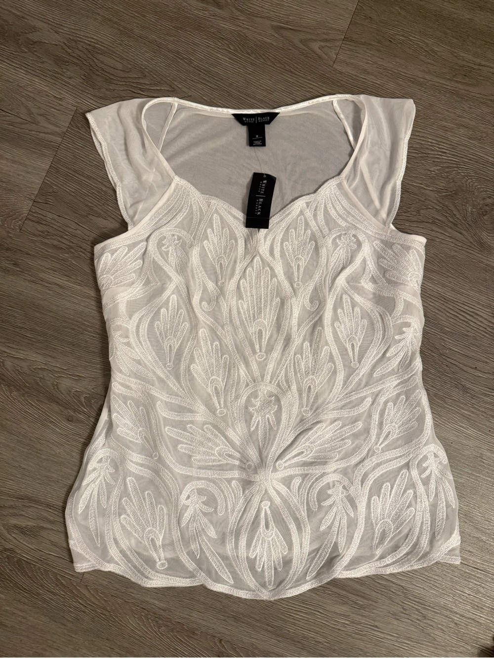 White House Black Market White Embroidered Sheer Cap Sleeve Top